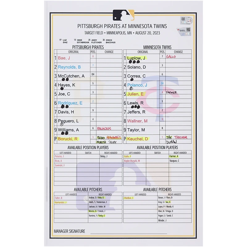 Pittsburgh Pirates Game-Used Lineup Card vs. Minnesota Twins on August 20, 2023