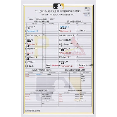 Pittsburgh Pirates Game-Used Lineup Card vs. St. Louis Cardinals on August 23, 2023