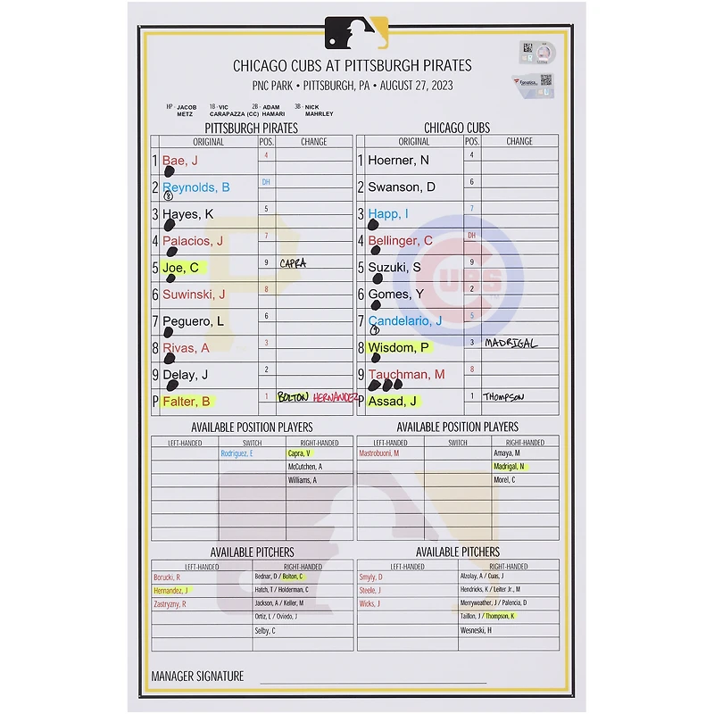 Pittsburgh Pirates Game-Used Lineup Card vs. Chicago Cubs on August 27, 2023
