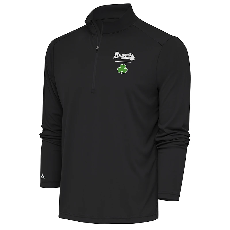 Men's Antigua Charcoal Atlanta Braves Shamrock Tribute Quarter-Zip Pullover Top