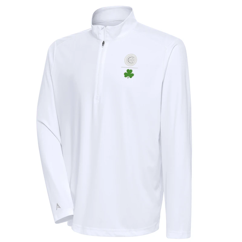Men's Antigua  White Chicago Cubs Shamrock Tribute Quarter-Zip Pullover Top