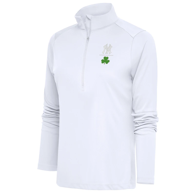 Women's Antigua  White New York Yankees Shamrock Tribute Half-Zip Pullover Top
