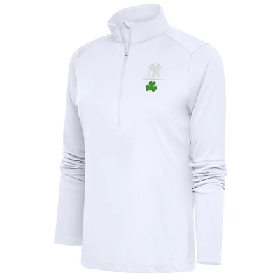 Women's Antigua  White New York Yankees Shamrock Tribute Half-Zip Pullover Top