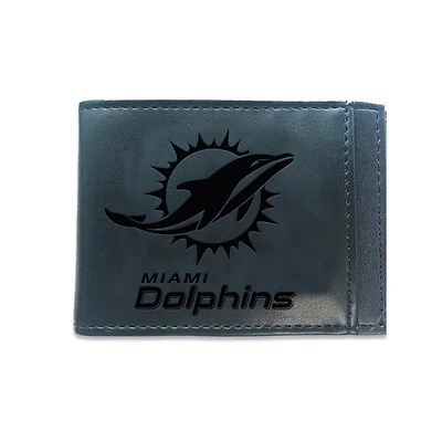 Black Miami Dolphins Hybrid Leather Front Pocket Bi-Fold Wallet with Money Clip