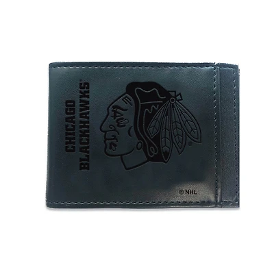Black Chicago Blackhawks Hybrid Leather Front Pocket Bi-Fold Wallet with Money Clip