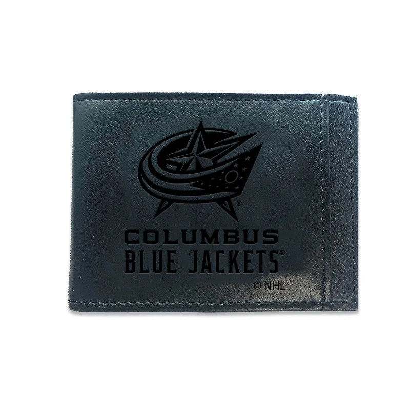 Black Columbus Blue Jackets Hybrid Leather Front Pocket Bi-Fold Wallet with Money Clip