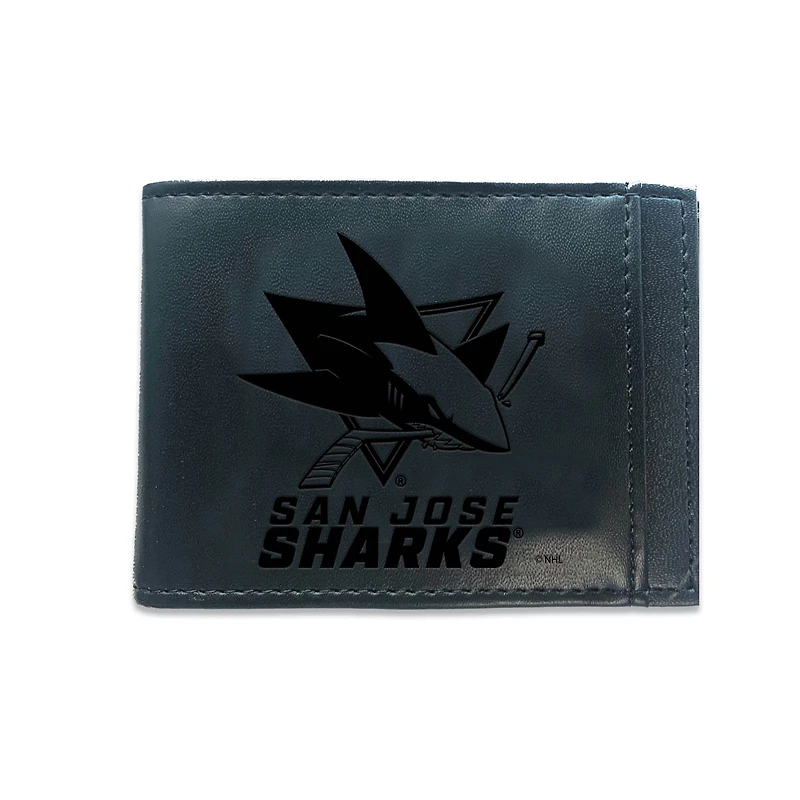 Black San Jose Sharks Hybrid Leather Front Pocket Bi-Fold Wallet with Money Clip