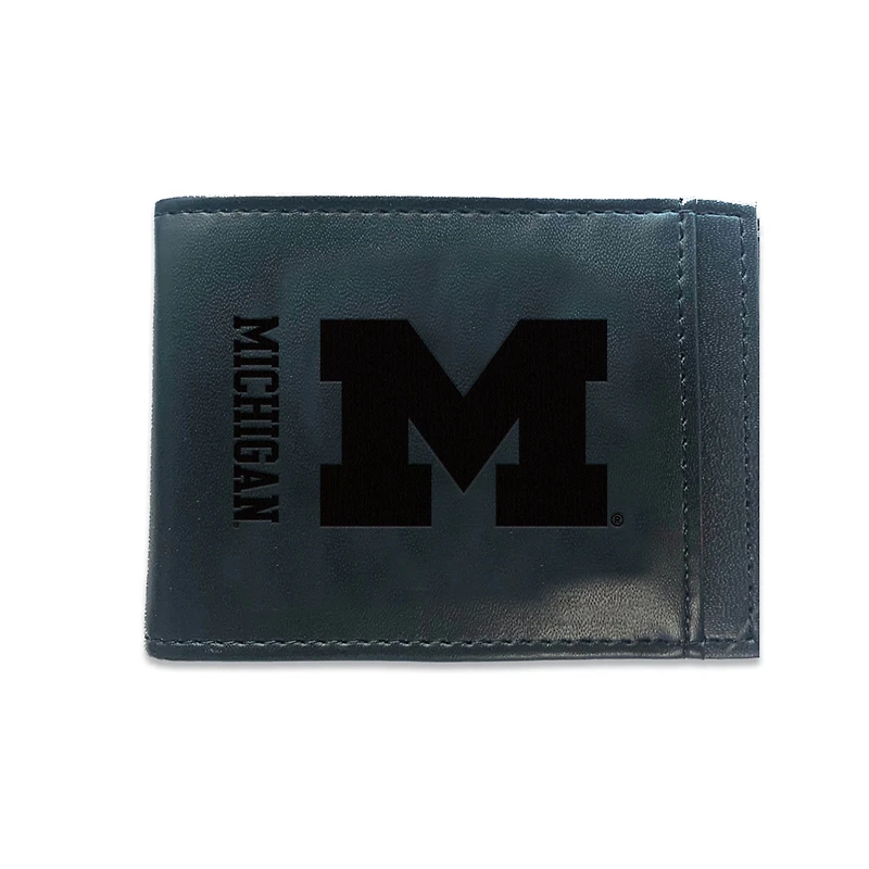 Black Michigan Wolverines Hybrid Leather Front Pocket Bi-Fold Wallet with Money Clip