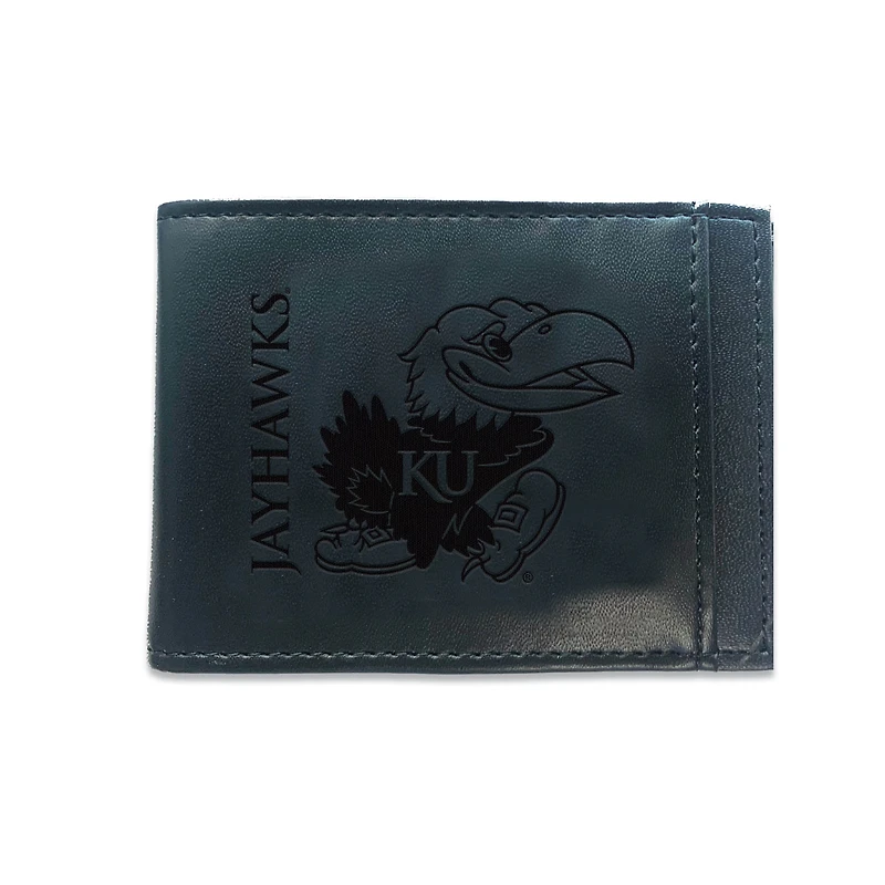Black Kansas Jayhawks Hybrid Leather Front Pocket Bi-Fold Wallet with Money Clip
