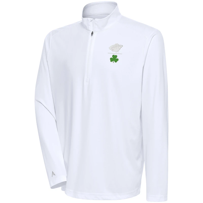 Men's Antigua White Minnesota Wild Shamrock Tribute Quarter-Zip Pullover Top