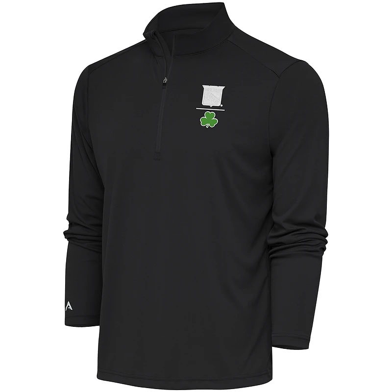 Men's Antigua  Charcoal New York Rangers Shamrock Tribute Quarter-Zip Pullover Top