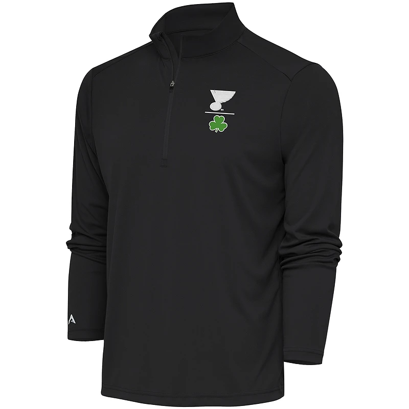 Men's Antigua Charcoal St. Louis Blues Shamrock Tribute Quarter-Zip Pullover Top