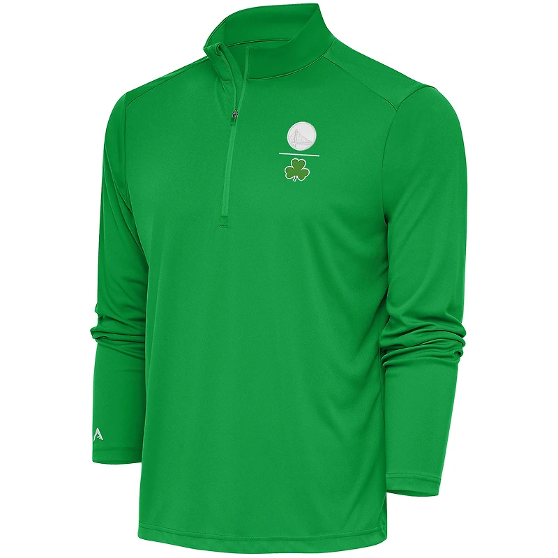 Men's Antigua Kelly Green Golden State Warriors Shamrock Tribute Quarter-Zip Pullover Top