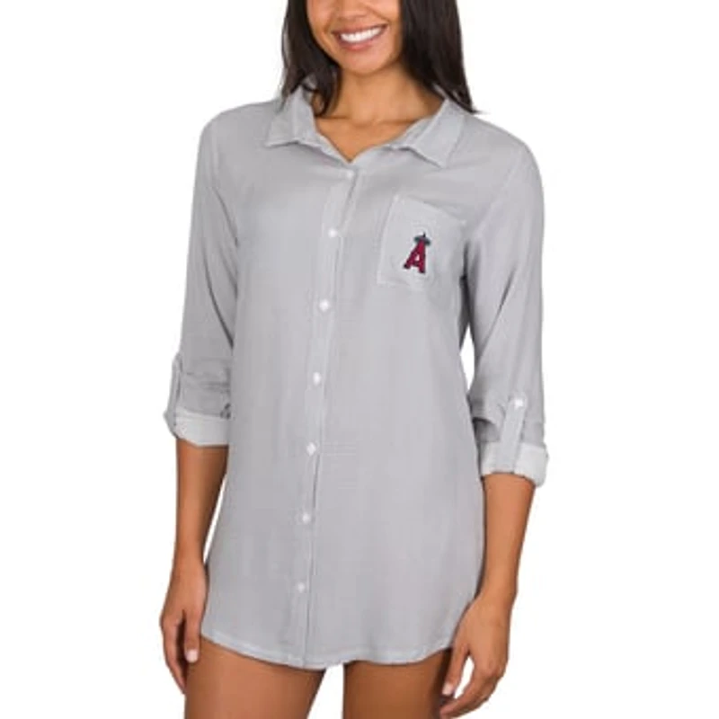 Women's Concepts Sport Gray Los Angeles Angels Melody Woven Full-Button Long Sleeve Nightshirt