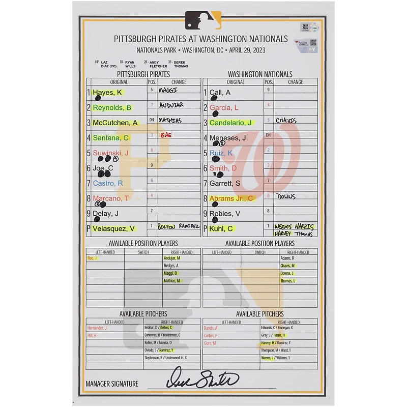 Pittsburgh Pirates Game-Used Lineup Card vs. Washington Nationals on April 29, 2023 - Game Two of Doubleheader