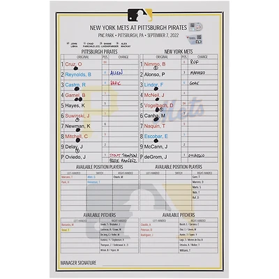 Pittsburgh Pirates Game-Used Lineup Card vs. New York Mets on September 7, 2022 - Game Two of Doubleheader