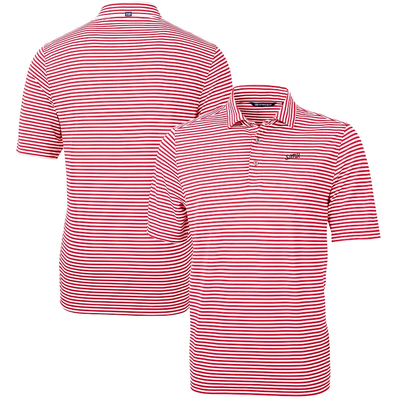 Men's Cutter & Buck Red SMU Mustangs Vault DryTec Virtue Eco Pique Stripe Recycled Polo