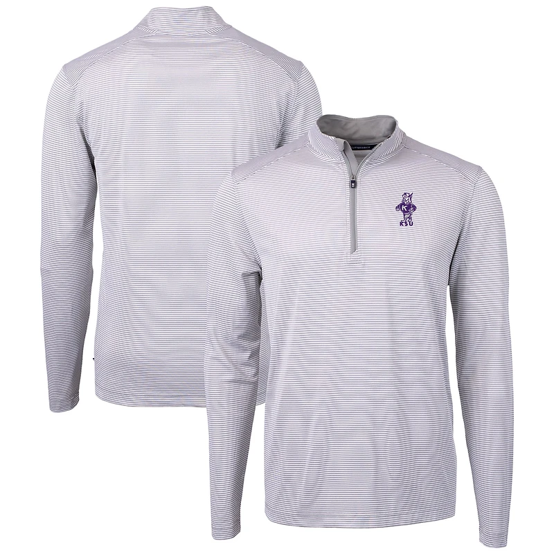 Men's Cutter & Buck Gray/White Kansas State Wildcats Vault DryTec Virtue Eco Pique Micro Stripe Recycled Quarter-Zip Pullover