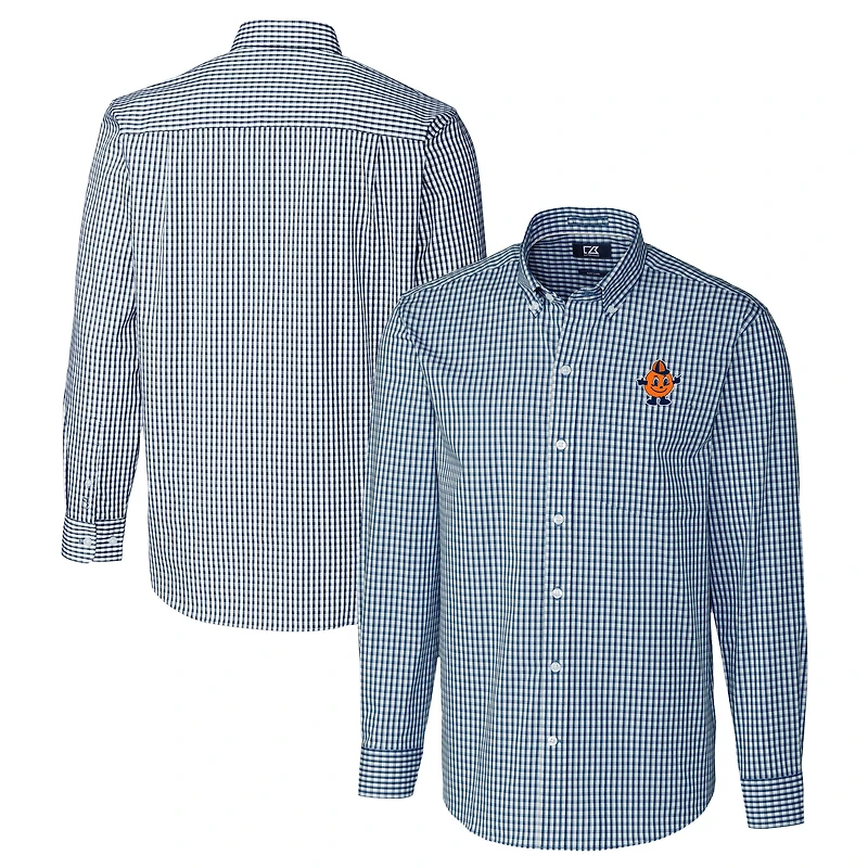 Men's Cutter & Buck  Navy Syracuse Orange Vault Easy Care Stretch Gingham Long Sleeve Dress Shirt