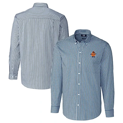 Men's Cutter & Buck  Navy Syracuse Orange Vault Easy Care Stretch Gingham Long Sleeve Dress Shirt