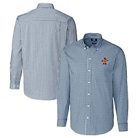 Men's Cutter & Buck  Navy Syracuse Orange Vault Easy Care Stretch Gingham Long Sleeve Dress Shirt