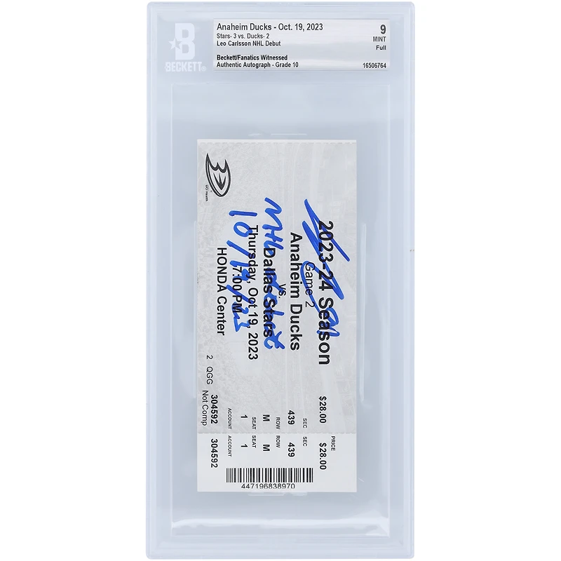 Leo Carlsson Anaheim Ducks Autographed NHL Debut Ticket with "NHL Debut 10/19/23" Inscription