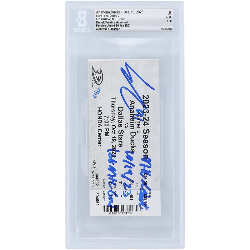 Leo Carlsson Anaheim Ducks Autographed NHL Debut Ticket with Multiple Inscriptions - BAS Authenticated - Limited Edition of 23