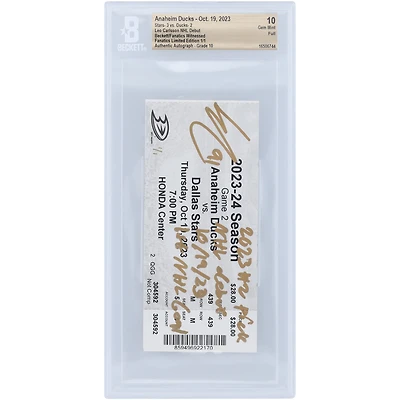 Leo Carlsson Anaheim Ducks Autographed NHL Debut Ticket with Multiple Inscriptions - Signed in Gold - BAS Authenticated 10 - Limited Edition #1/1