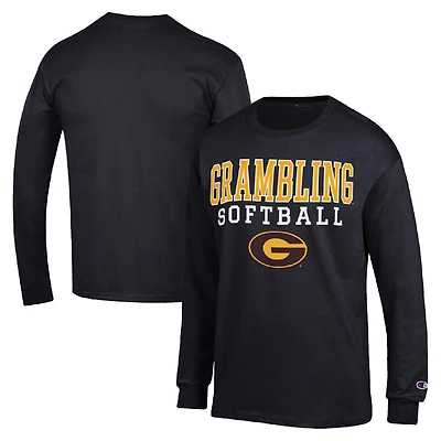 Men's Champion  Black Grambling Tigers Stack Logo Softball Powerblend Long Sleeve T-Shirt