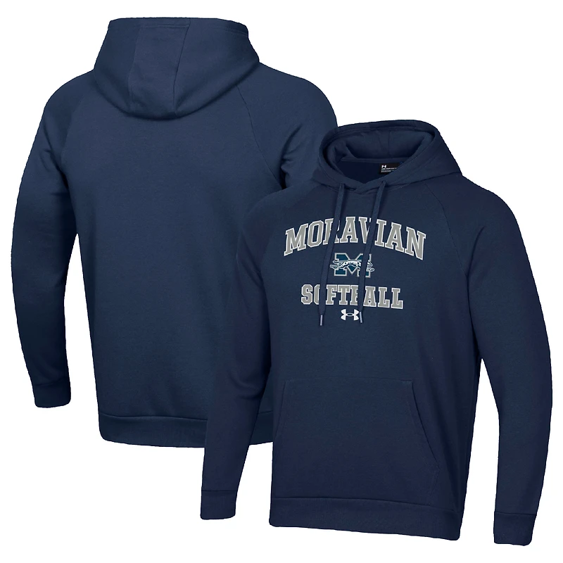 Men's Under Armour Navy Moravian Greyhounds All Day Arch Softball Raglan Pullover Hoodie