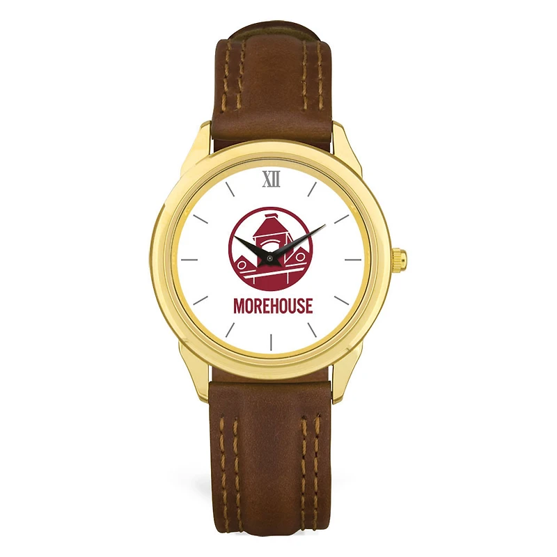 Men's Gold Morehouse Maroon Tigers Brown Leather Watch
