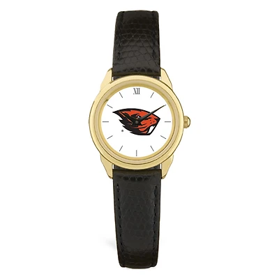 Women's  Gold Oregon State Beavers Black Leather Wristwatch