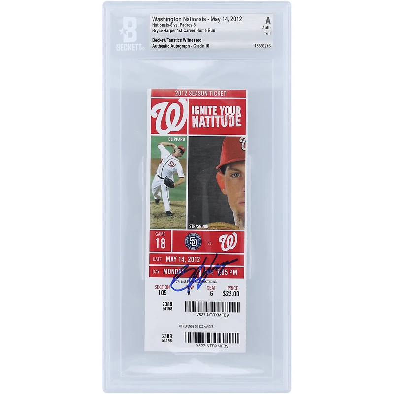 Bryce Harper Washington Nationals Autographed First Career Home Run Game Ticket from May 14, 2012 - BAS Authentic / Auto Graded 10