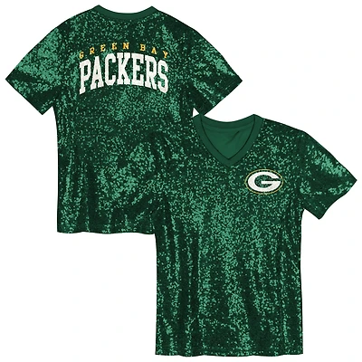 Girls Youth Green Green Bay Packers Wordmark Sequin V-Neck Top