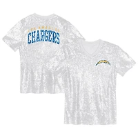 Girls Youth White Los Angeles Chargers Wordmark Sequin V-Neck Top