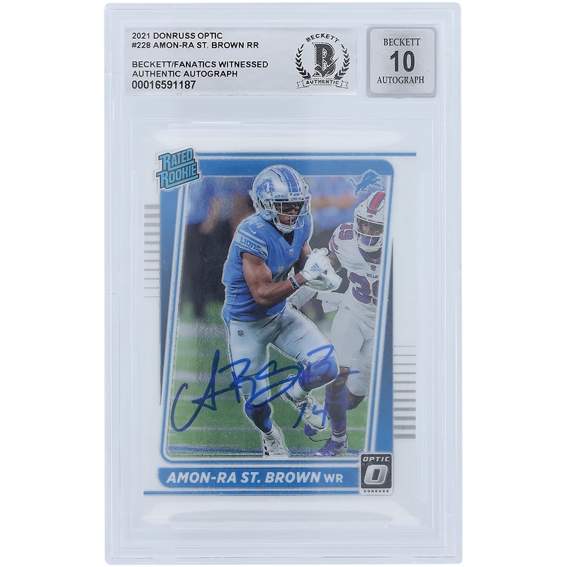 Amon-Ra St. Brown Detroit Lions Autographed 2021 Panini Donruss Optic Rated Rookie #228 Beckett Fanatics Witnessed Authenticated 10 Rookie Card