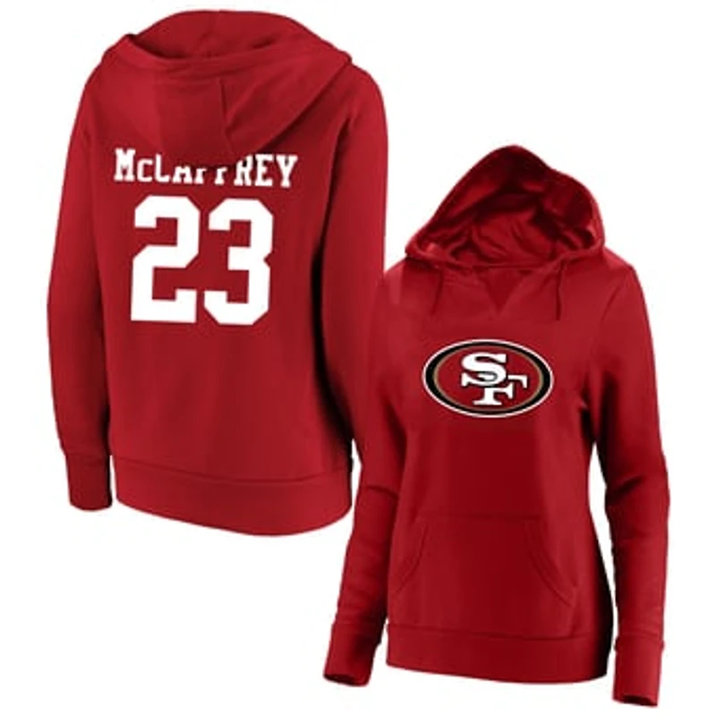 Women's Fanatics Christian McCaffrey Scarlet San Francisco 49ers Plus Size Player Name & Number Notch Neck Hoodie