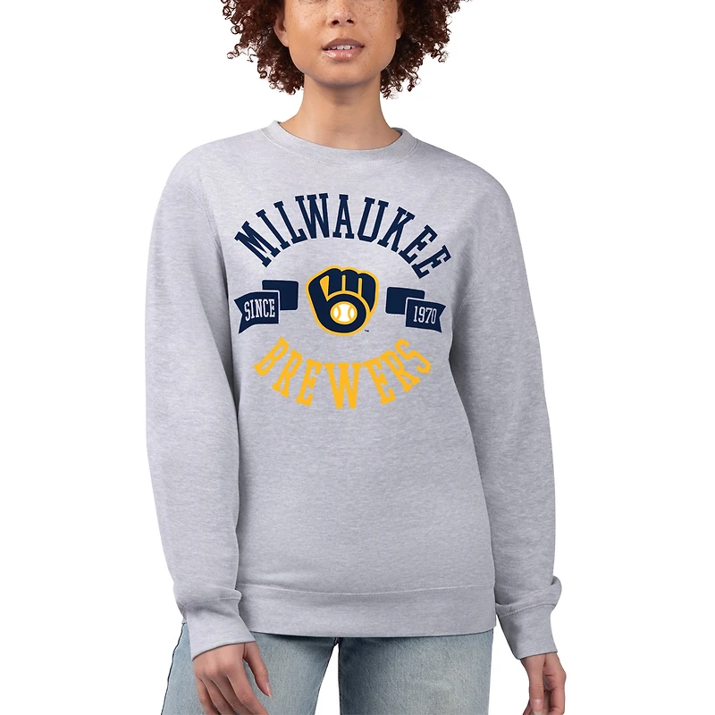 Women's G-III 4Her by Carl Banks Heather Gray Milwaukee Brewers Team Logo Fleece Pullover Sweatshirt