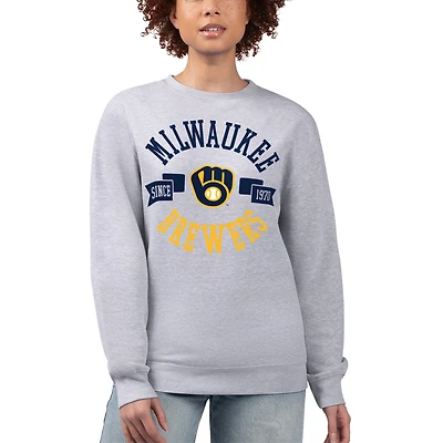 Women's G-III 4Her by Carl Banks Heather Gray Milwaukee Brewers Team Logo Fleece Pullover Sweatshirt