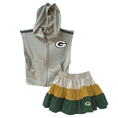 Girls Toddler Wes & Willy Gold/Green Green Bay Packers Sleeveless Full-Zip Hoodie & Three Tier Skirt Set