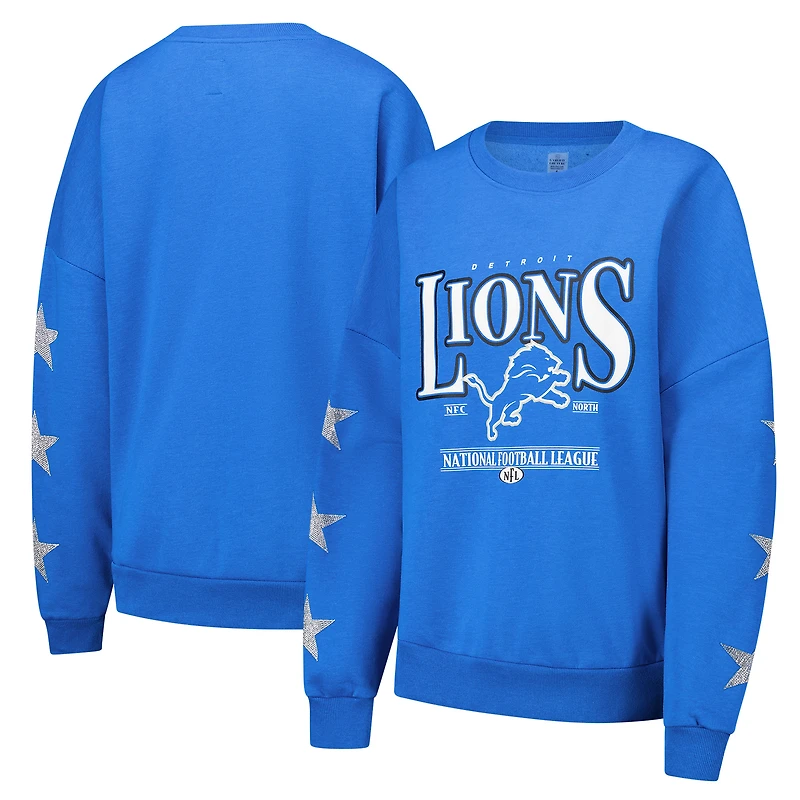 Women's Gameday Couture Blue Detroit Lions Rhinestone Star Sleeve Settle the Score Oversized Pullover Sweatshirt