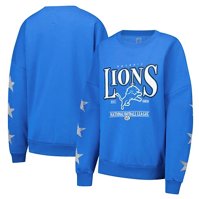 Women's Gameday Couture Blue Detroit Lions Rhinestone Star Sleeve Settle the Score Oversized Pullover Sweatshirt