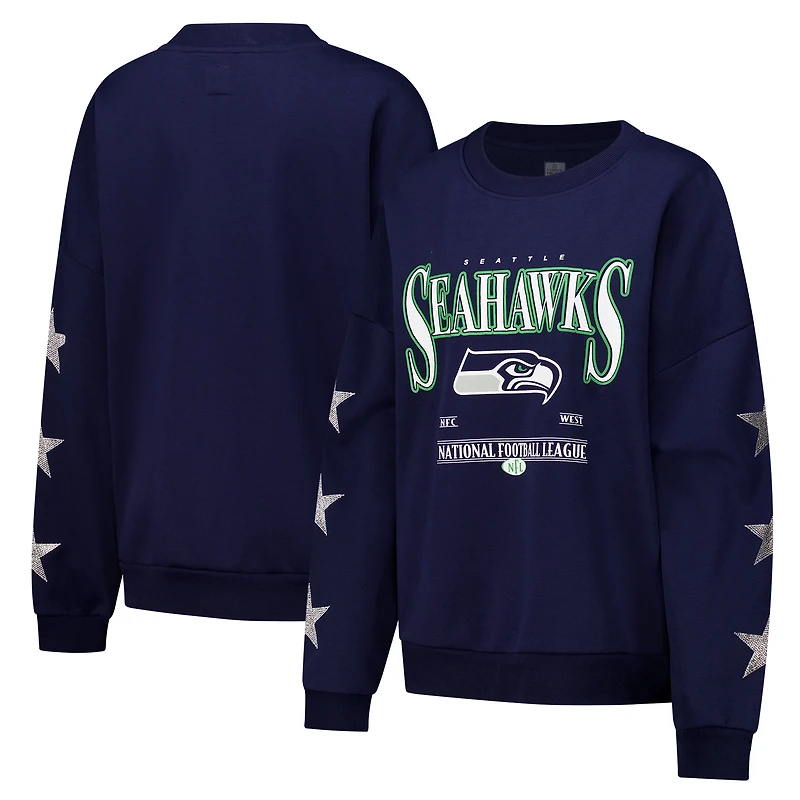 Women's Gameday Couture Navy Seattle Seahawks Rhinestone Star Sleeve Settle the Score Oversized Tri-Blend Pullover