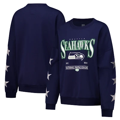 Women's Gameday Couture Navy Seattle Seahawks Rhinestone Star Sleeve Settle the Score Oversized Tri-Blend Pullover
