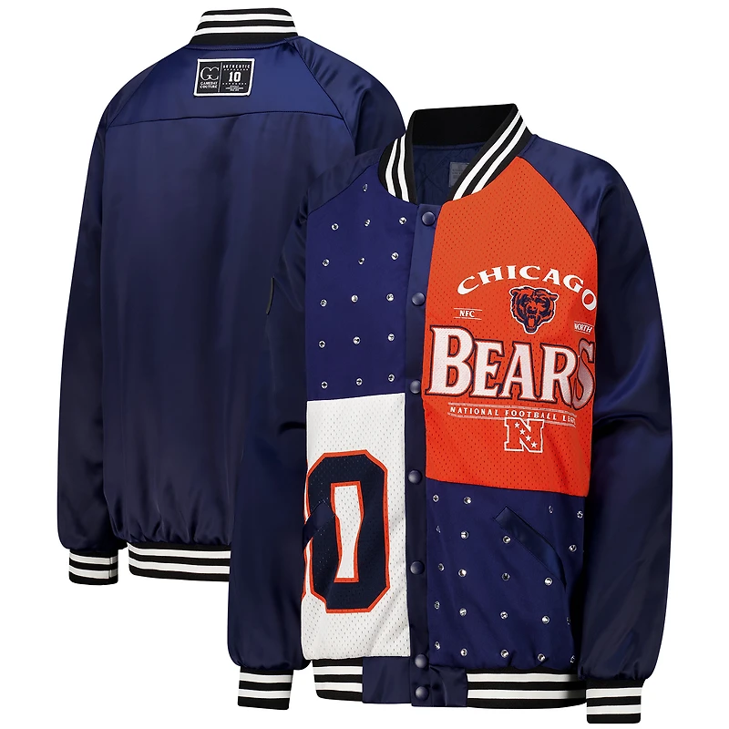 Women's Gameday Couture Navy/Orange Chicago Bears Oversized Hot Shot Rhinestone Throwback Full-Snap Varsity Bomber Jacket