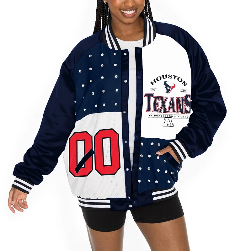 Women's Gameday Couture Navy/White Houston Texans Oversized Hot Shot Rhinestone Throwback Full-Snap Varsity Bomber Jacket