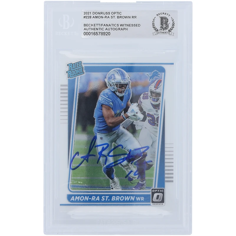 Amon-Ra St. Brown Detroit Lions Autographed 2021 Panini Donruss Optic #228 Beckett Fanatics Witnessed Authenticated Rookie Card