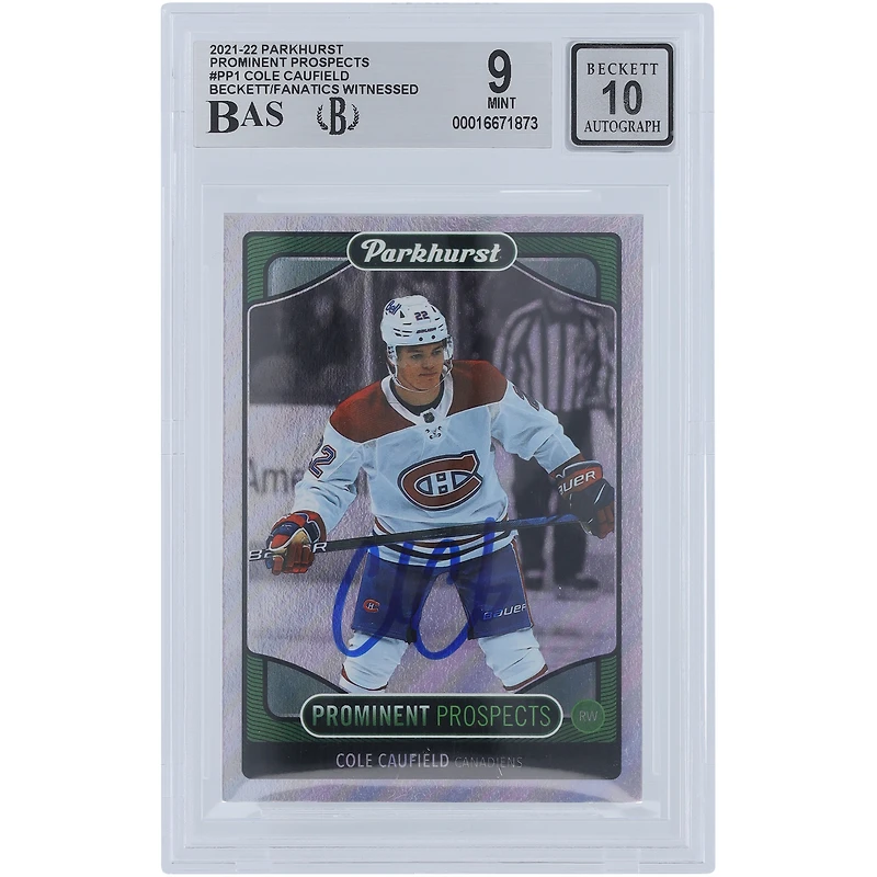 Cole Caufield Montreal Canadiens Autographed 2021-22 Upper Deck Parkhurst Prominent Prospects #PP1 Beckett Fanatics Witnessed Authenticated 9/10 Rookie Card