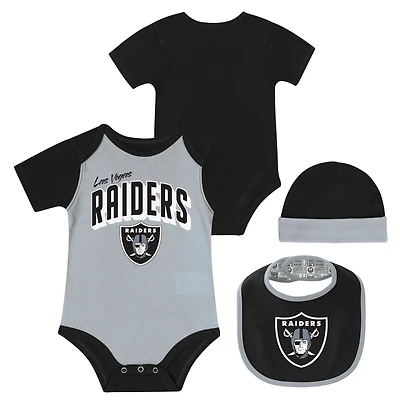 Newborn & Infant Las Vegas Raiders Dynamic Duo Bodysuit, Bib & Knit Hat Set