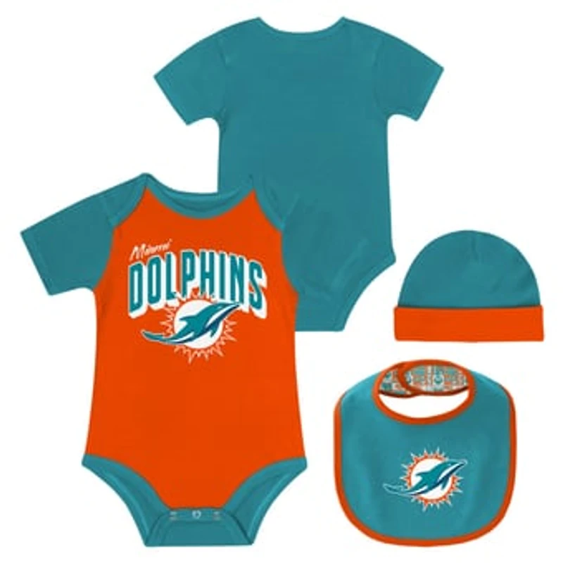 Newborn & Infant Miami Dolphins Dynamic Duo Bodysuit, Bib & Knit Hat Set